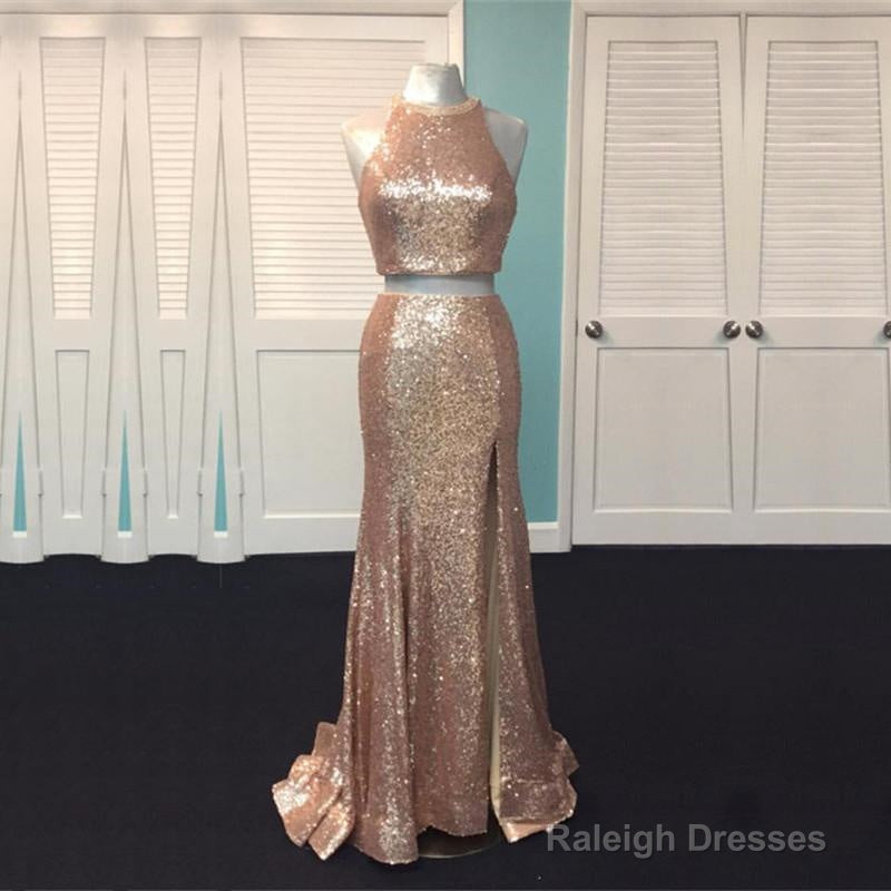 Rose Gold Sequin Two Piece Prom Dresses Mermaid Evening Gowns Main image