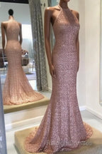 Rose Gold Sequins Halter Bridesmaid Dresses Long Mermaid Gowns