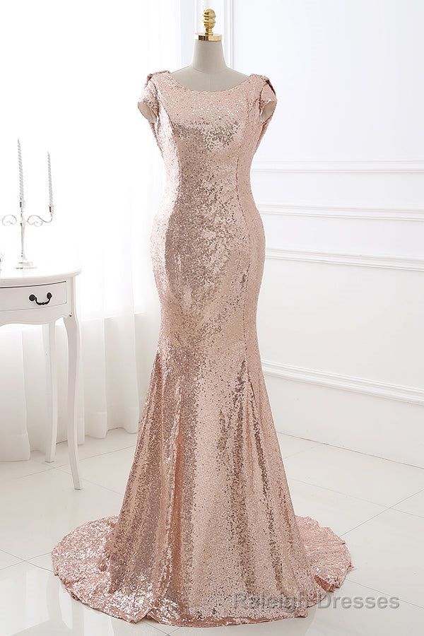 Rose Gold Sequins Long Bridesmaid Dress with Cowl Back Main image