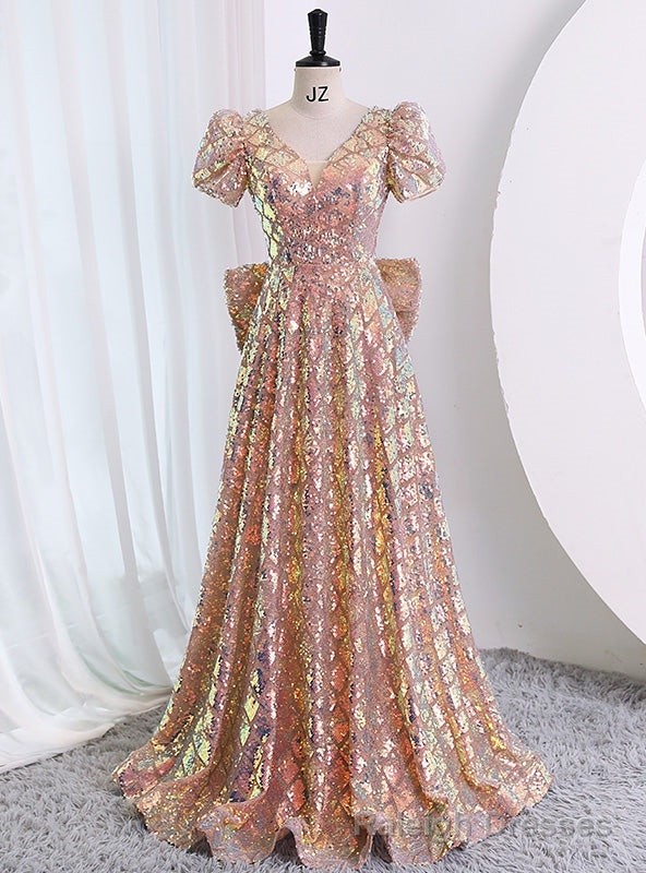 Rose Gold Sequins V-neck Short Sleeve Bow Prom Dress Main image