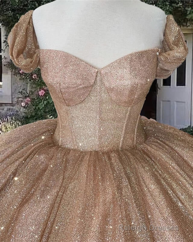 Rose Gold Sleeved Corset Ball Gown Dress