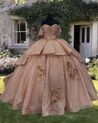 Rose Gold Sparkly Ball Gown Off Shoulder Dress