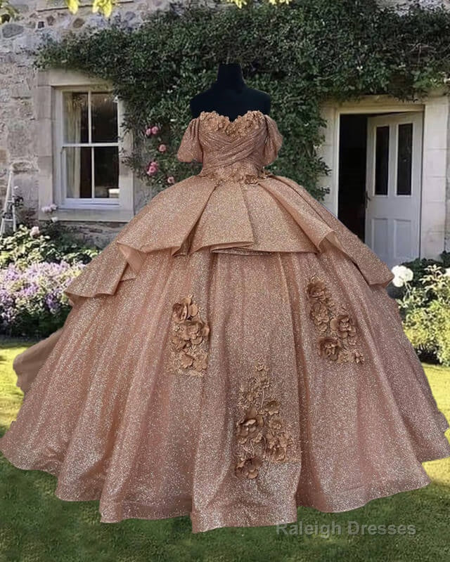 Rose Gold Sparkly Ball Gown Off Shoulder Dress