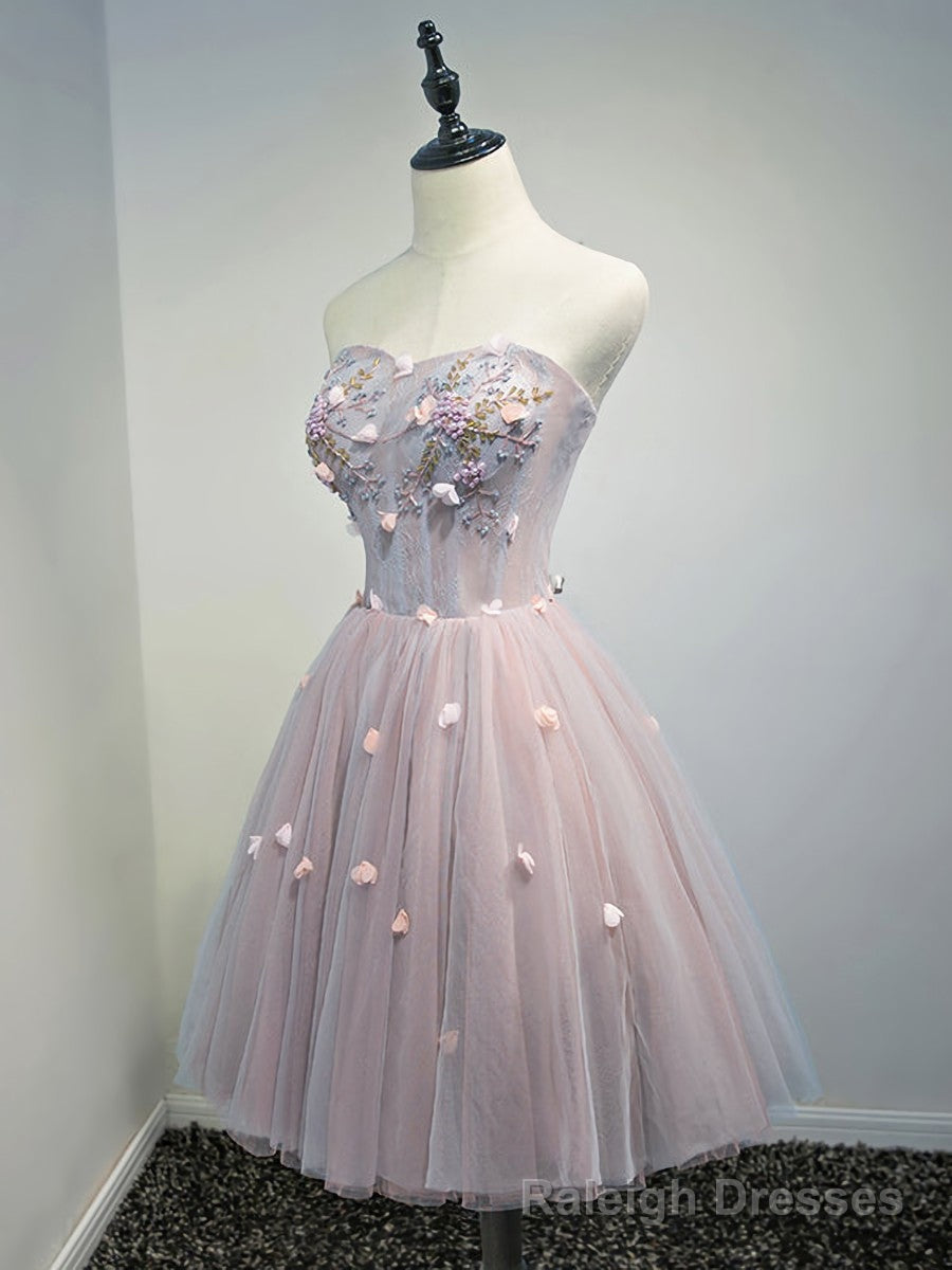 Rose Pink Short Floral Prom Dresses, Short Graduation Homecoming Dress with Beaded Flower Secondary image