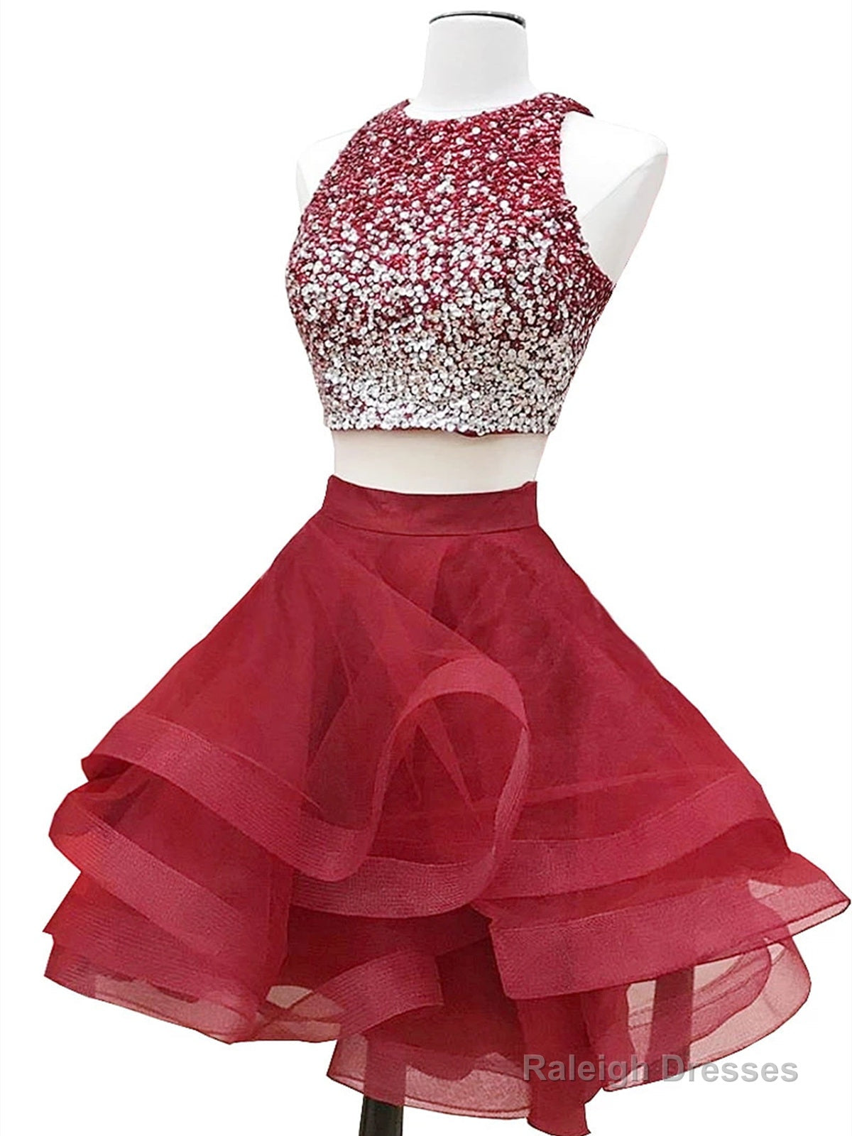 Round Neck 2 Pieces Short Burgundy Beaded Prom Dress, Two Pieces Short Burgundy Formal Homecoming Dresses Main image