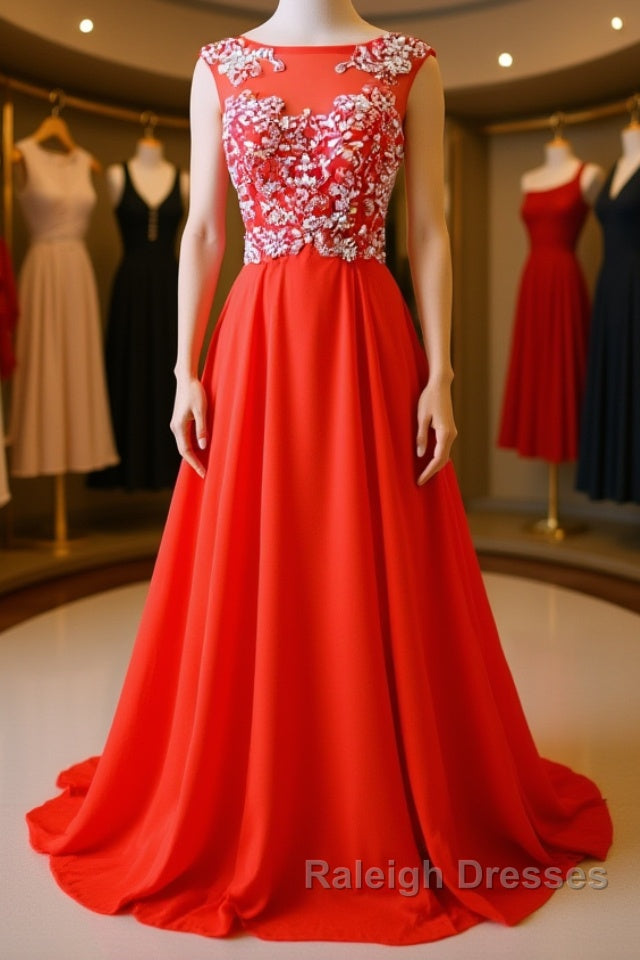 Round Neck Beaded Red Prom Dresses, Red Formal Dresses, Red Evening Dresses Main image