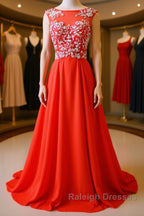 Round Neck Beaded Red Prom Dresses, Red Formal Dresses, Red Evening Dresses