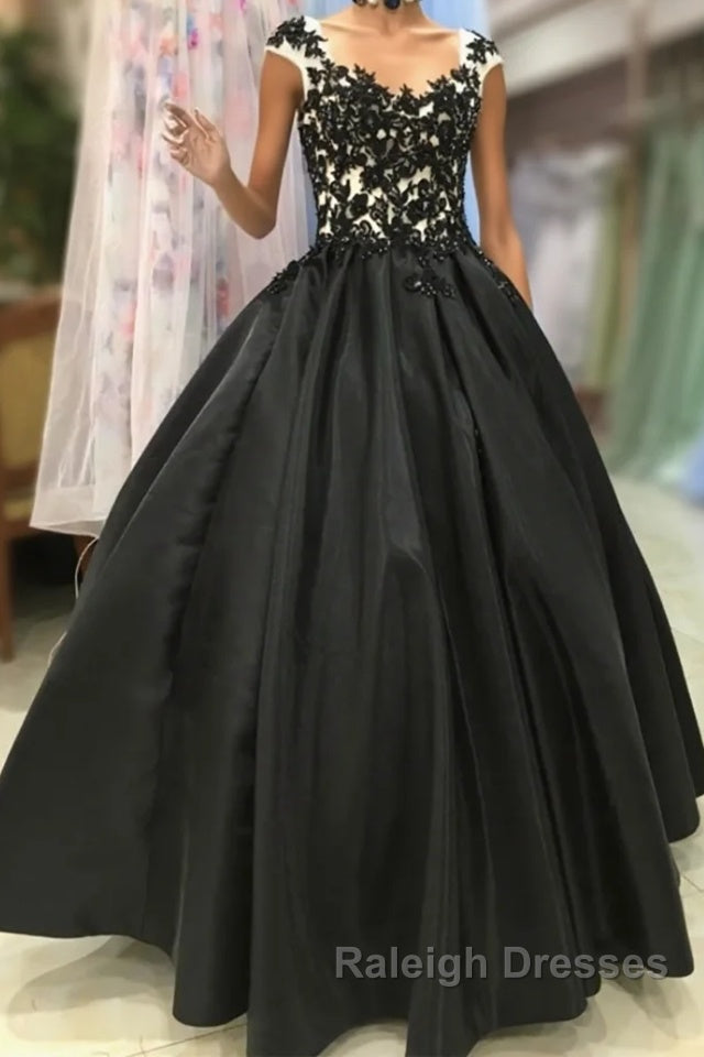Round Neck Black Lace Floral Long Prom Dress, Black Lace Formal Dress with Appliques, Black Evening Dress Main image