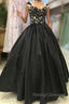 Round Neck Black Lace Floral Long Prom Dress, Black Lace Formal Dress with Appliques, Black Evening Dress