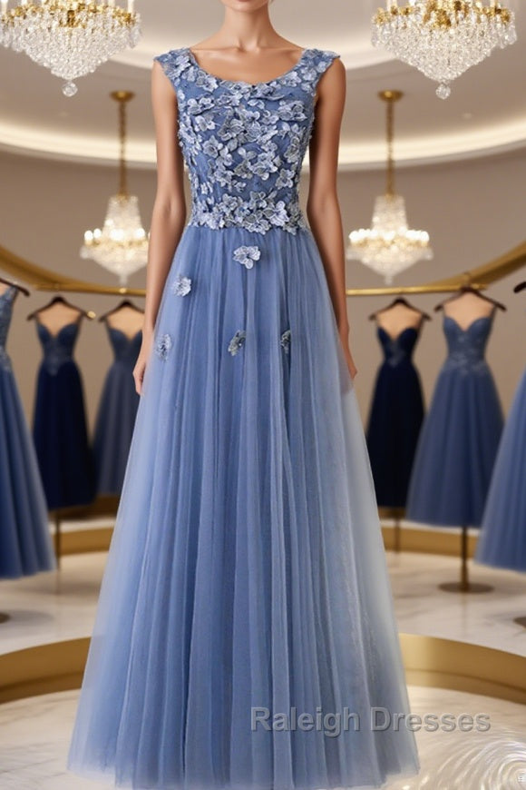 Round Neck Blue Lace Floral Long Prom Dresses, Blue Lace Long Formal Evening Dresses Main image