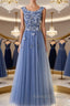 Round Neck Blue Lace Floral Long Prom Dresses, Blue Lace Long Formal Evening Dresses