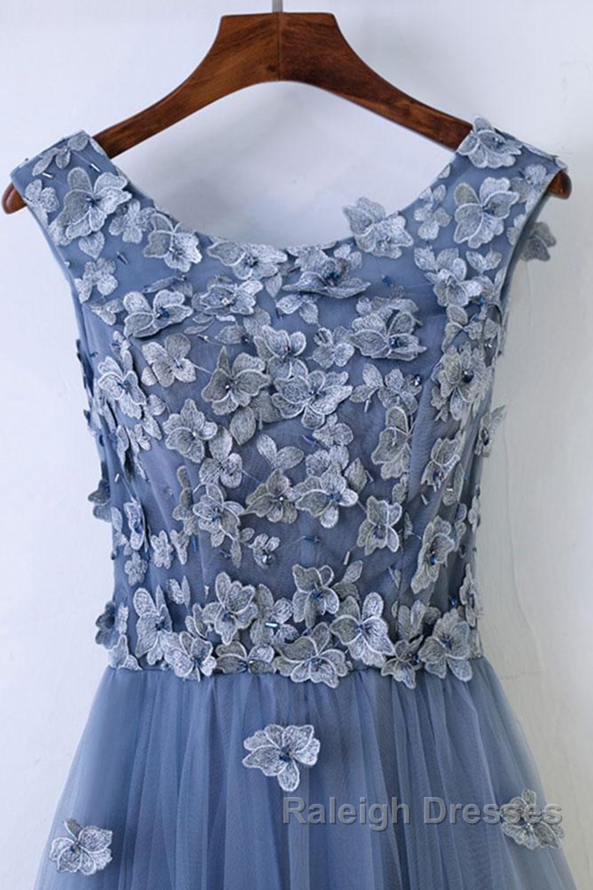 Round Neck Blue Lace Floral Long Prom Dresses, Blue Lace Long Formal Evening Dresses Secondary image