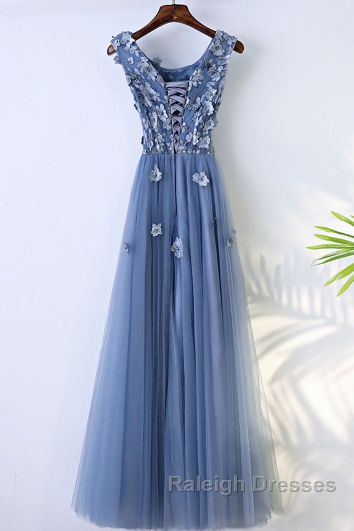 Round Neck Blue Lace Floral Long Prom Dress Blue Lace Long Prom Dress