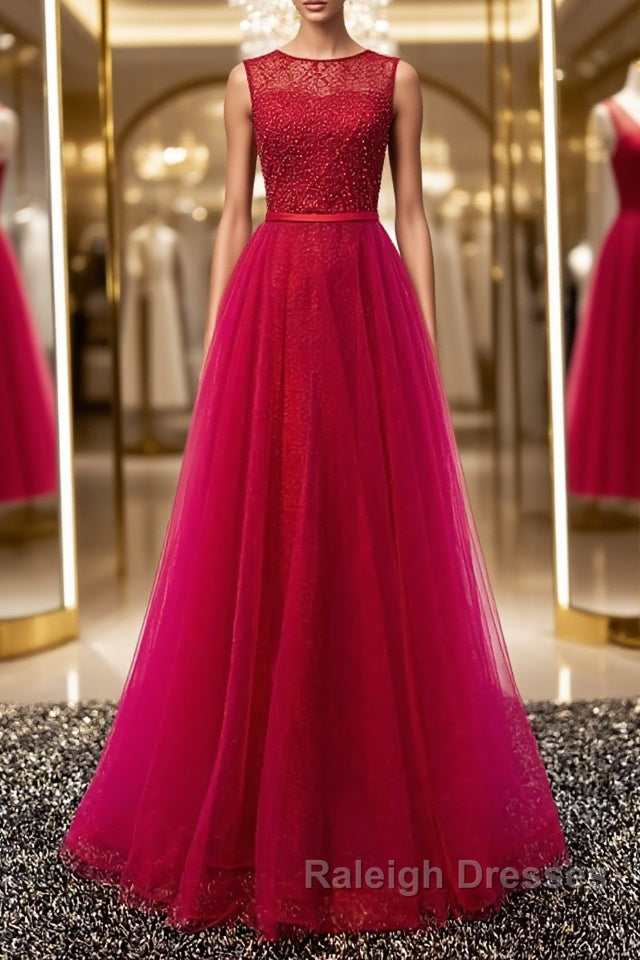 Round Neck Burgundy Beaded Prom Dresses, Wine Red Beaded Formal Evening Bridesmaid Dresses Main image