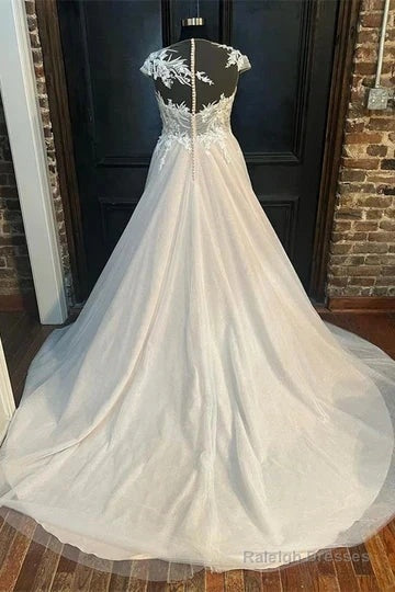 Round Neck Cap Sleeve A-Line Long Wedding Dresses