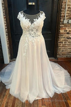 Round Neck Cap Sleeve A-Line Long Wedding Dress