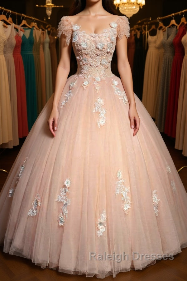 Round Neck Cap Sleeves Lace Pink Long Prom Dress, Pink Lace Formal Dress, Pink Evening Dress, Ball Gown Main image