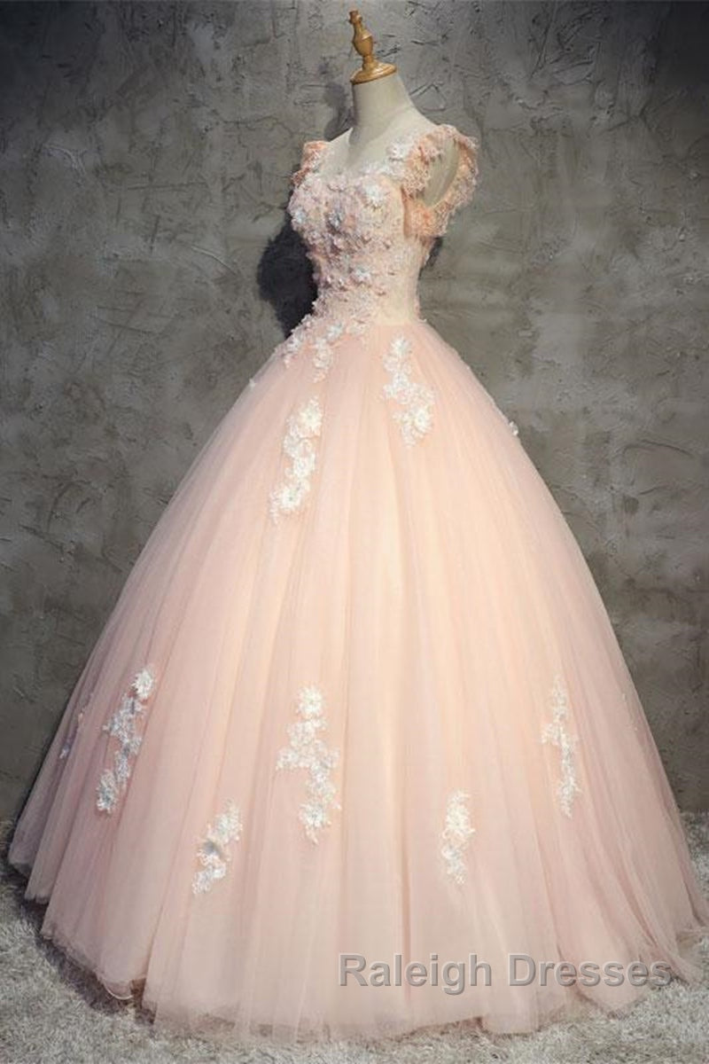 Round Neck Cap Sleeves Lace Pink Long Prom Dresses Pink Lace Prom Dresses Pink Prom Dresses Ball Gown
