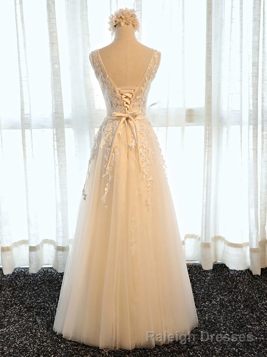 Round Neck Champagne Lace Prom Dresses, Champagne Lace Formal Evening Bridesmaid Dresses Secondary image