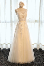 Round Neck Champagne Lace Prom Dresses, Champagne Lace Formal Prom Bridesmaid Dresses
