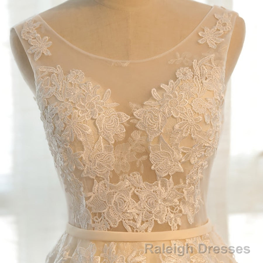 Round Neck Champagne Lace Prom Dresses, Champagne Lace Formal Prom Bridesmaid Dresses
