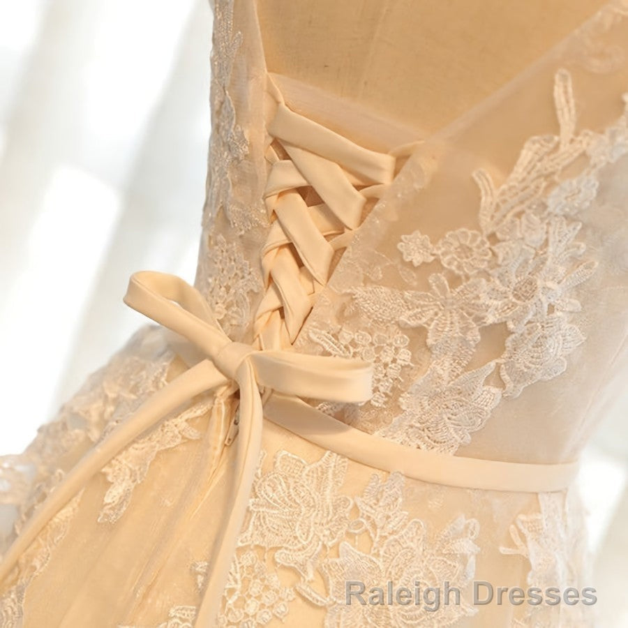 Round Neck Champagne Lace Prom Dresses, Champagne Lace Formal Prom Bridesmaid Dresses