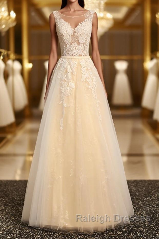 Round Neck Champagne Lace Prom Dresses with Corset Back, Champagne Lace Formal Evening Bridesmaid Dresses