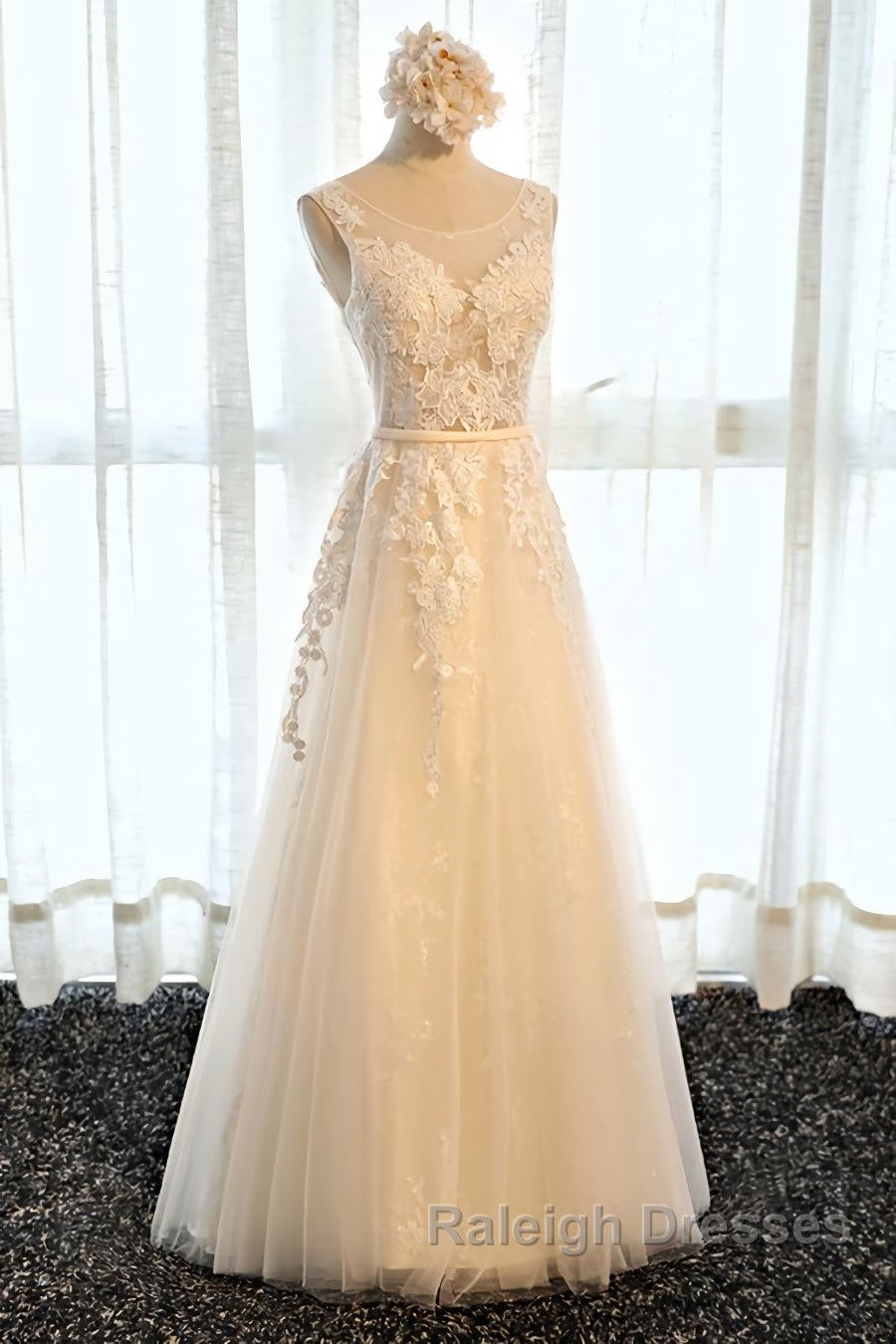 Round Neck Champagne Lace Prom Dresses with Corset Back, Champagne Lace Formal Evening Bridesmaid Dresses