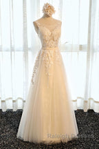 Round Neck Champagne Lace Prom Dress with Corset Back Champagne Lace Prom Bridesmaid Dress
