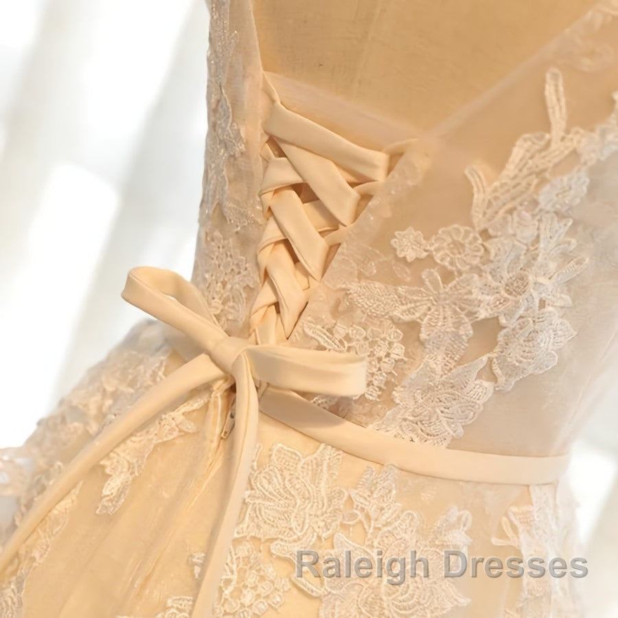 Round Neck Champagne Lace Prom Dresses with Corset Back, Champagne Lace Formal Evening Bridesmaid Dresses