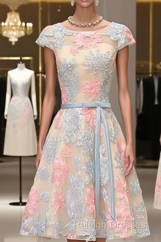 Round Neck Colorful Short Cap Sleeves Lace Prom Dress Short Colorful Lace Graduation Homecoming Dress Main image