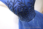 Round Neck Dark Navy Blue Long Prom Dresses with Corset Back, Navy Blue Formal Prom Dresses