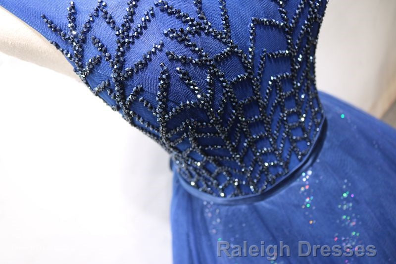 Round Neck Dark Navy Blue Long Prom Dresses with Corset Back, Navy Blue Formal Prom Dresses