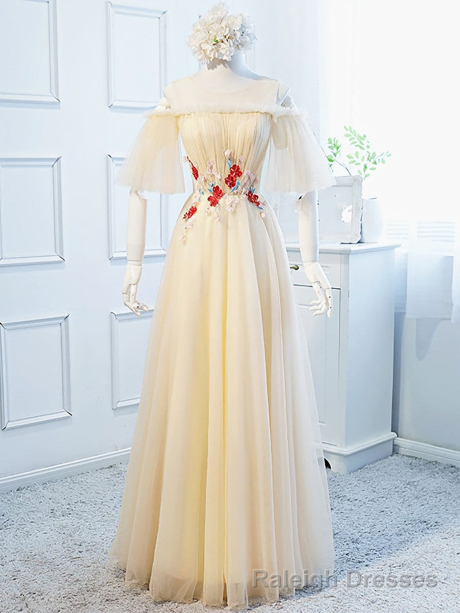 Round Neck Floral Champagne Long Prom Dress, Champagne Long Formal Bridesmaid Dresses Secondary image