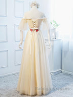 Round Neck Floral Champagne Long Prom Dress with Corset Back, Champagne Long Formal Bridesmaid Dresses