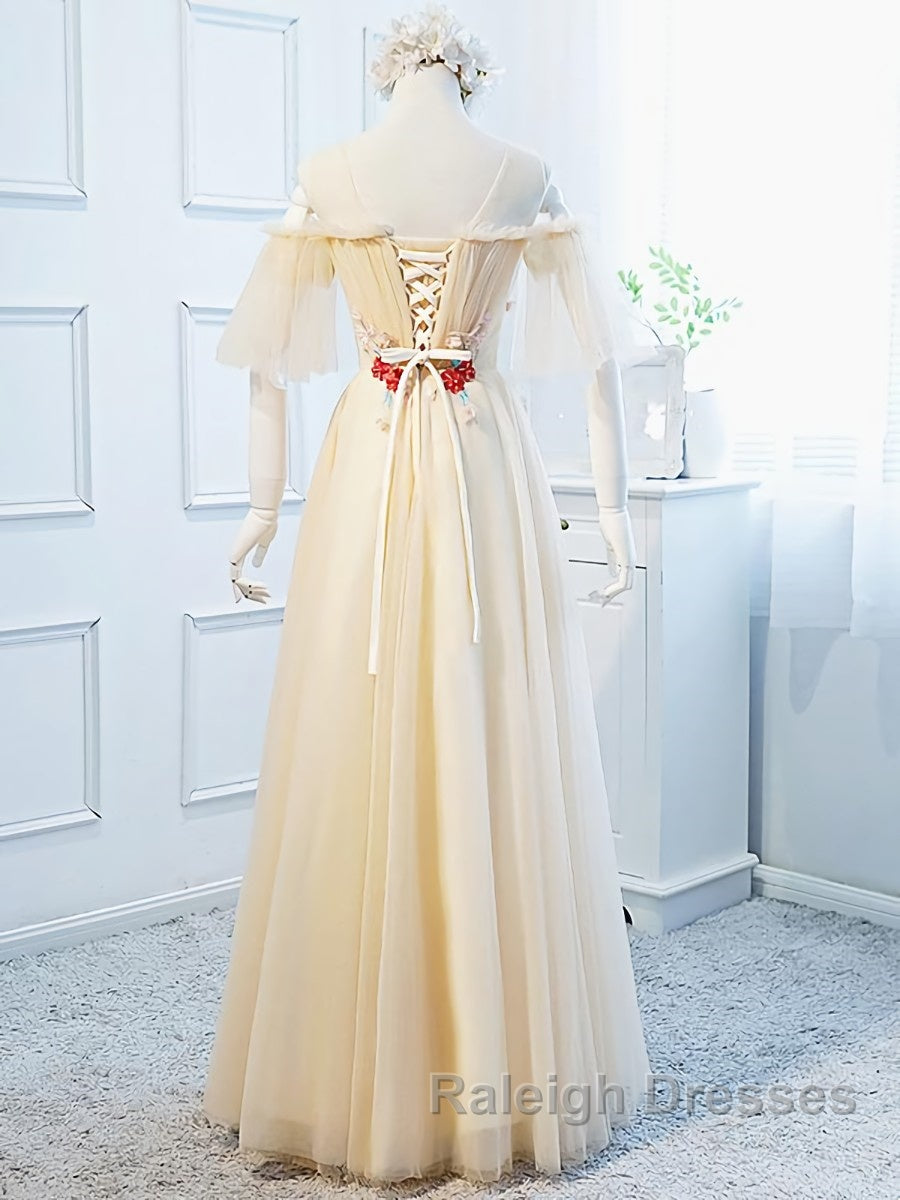 Round Neck Floral Champagne Prom Dresses Long with Corset Back Champagne Long Prom Bridesmaid Dress