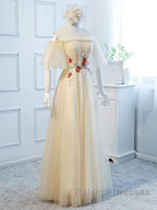 Round Neck Floral Champagne Prom Dresses Long with Corset Back Champagne Long Prom Bridesmaid Dress