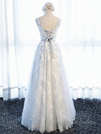 Round Neck Gray Lace Prom Dresses with Corset Back, Gray Lace Formal Evening Bridesmaid Dresses