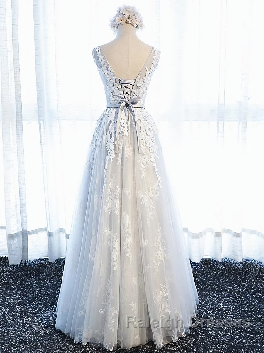 Round Neck Gray Lace Prom Dresses with Corset Back, Gray Lace Formal Evening Bridesmaid Dresses