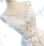 Round Neck Gray Lace Prom Dresses with Corset Back, Gray Lace Formal Evening Bridesmaid Dresses