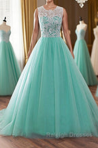 Round Neck Green Lace Tulle Long Prom Dresses, Green Lace Formal Dresses, Green Evening Dresses