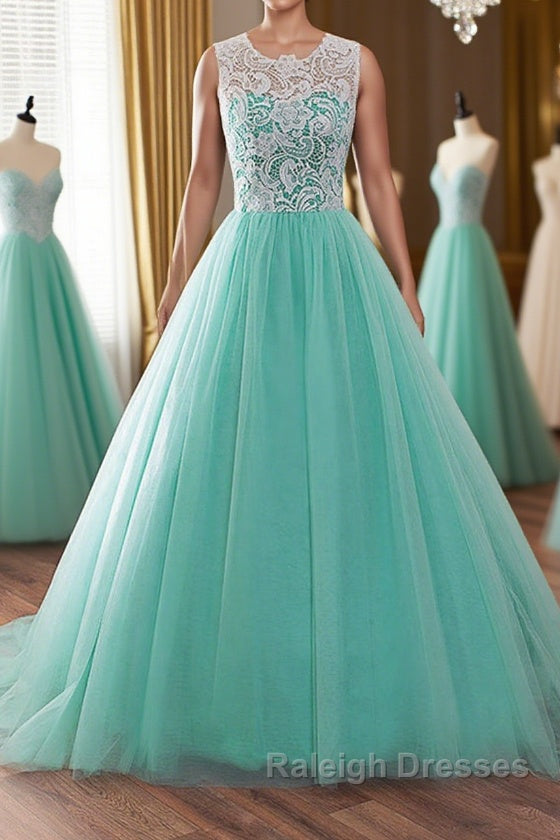 Round Neck Green Lace Tulle Long Prom Dresses, Green Lace Formal Dresses, Green Evening Dresses