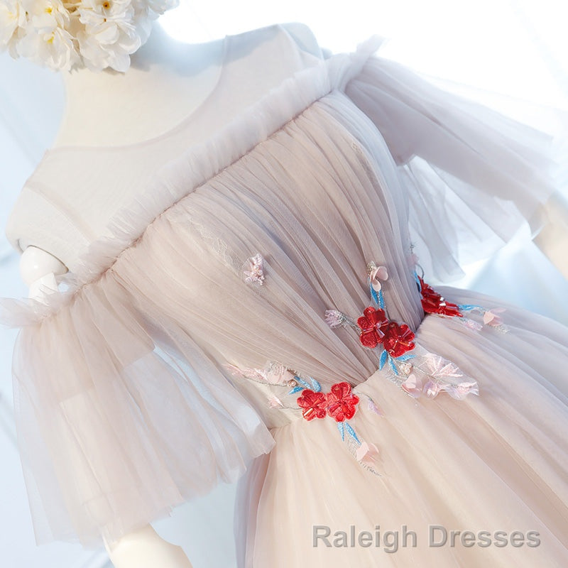 Round Neck Half Sleeves Short Pink Prom Dresses, Half Sleeves Short Pink Graduation Bridesmaid Dresses