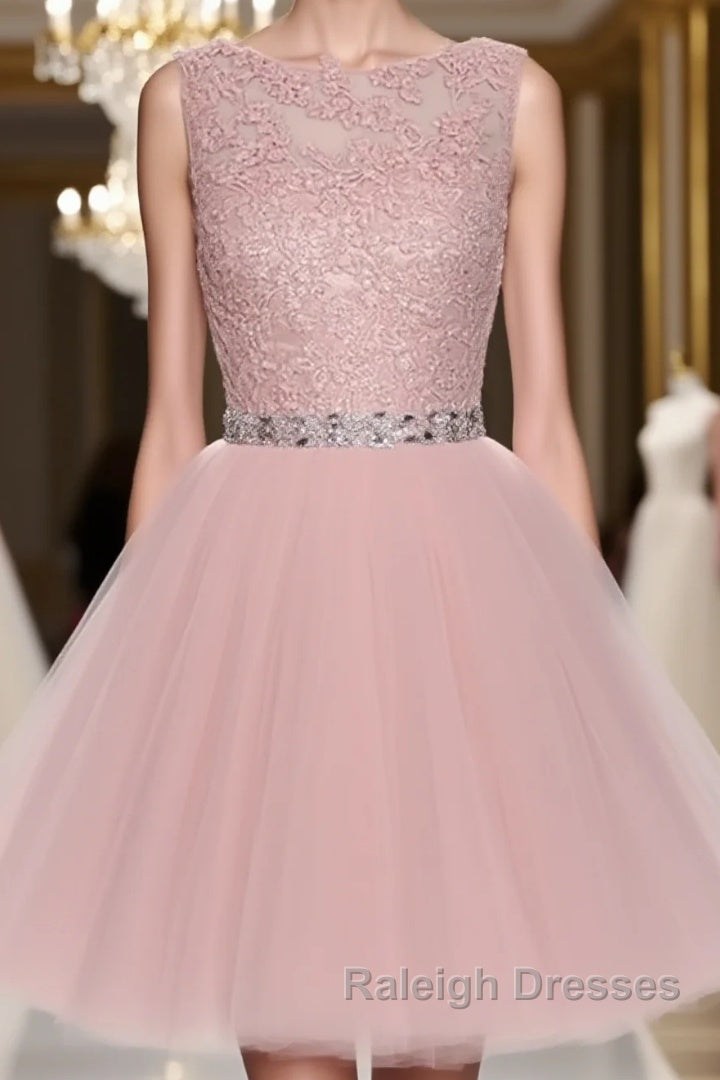 Round Neck Lace Short Pink Prom Dress Pink Homecoming Dress Short Pink Prom Dress