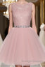 Round Neck Lace Short Pink Prom Dress Pink Homecoming Dress Short Pink Prom Dress