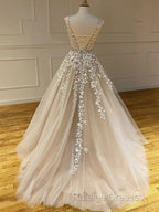 Round Neck Long Champagne Lace Wedding Dress Champagne Lace Prom Dress