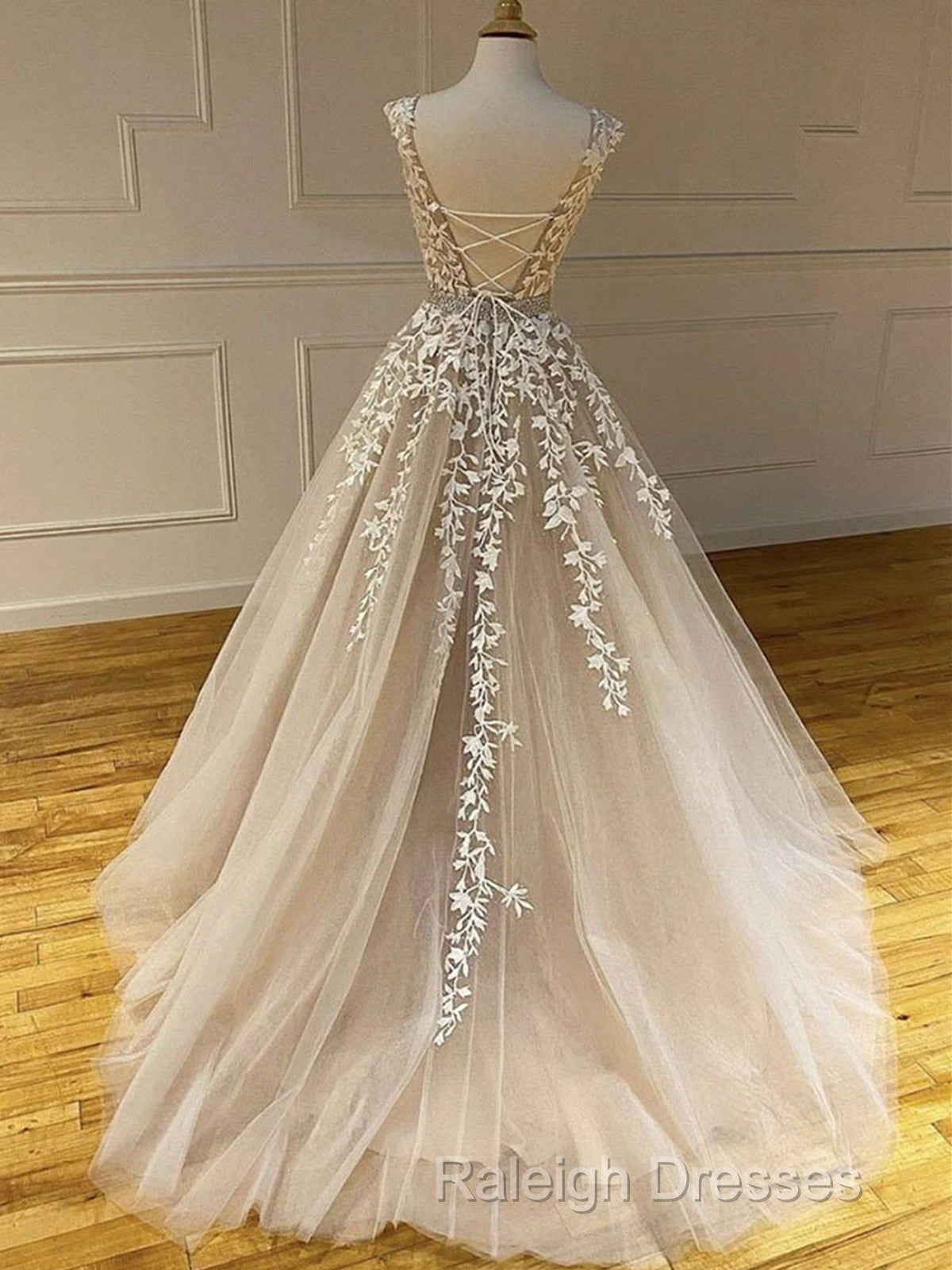 Round Neck Long Champagne Lace Wedding Dress Champagne Lace Prom Dress