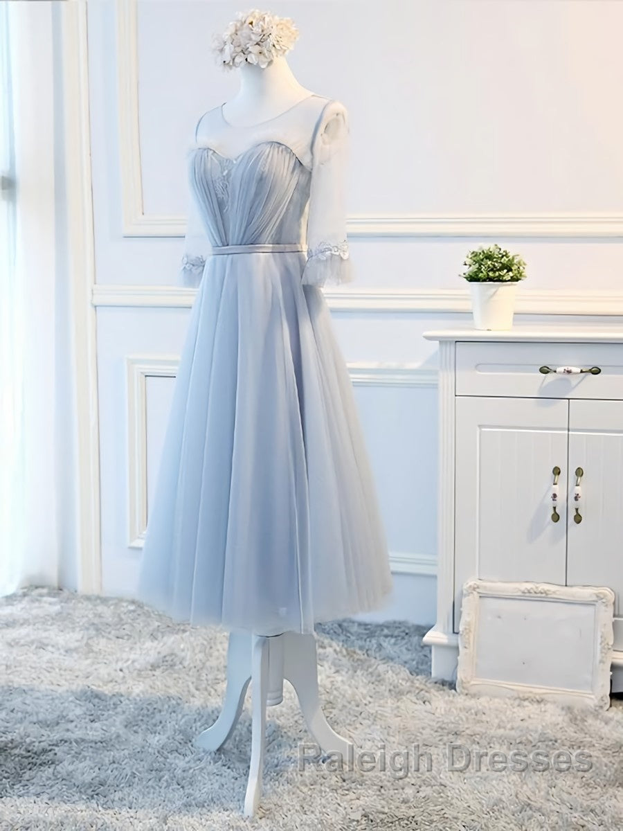 Round Neck Long Sleeves Blue Prom Dress Long Sleeves Blue Prom Bridesmaid Prom Dress