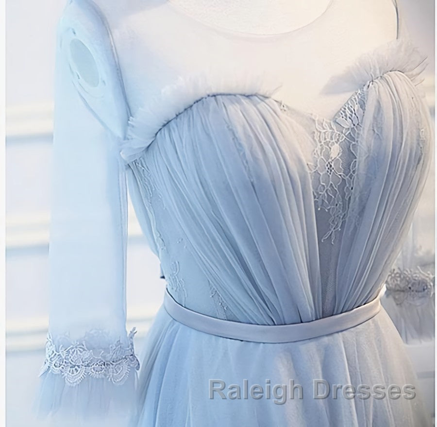 Round Neck Long Sleeves Blue Prom Dresses, Long Sleeves Blue Formal Bridesmaid Evening Dresses