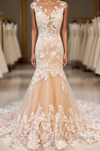 Round Neck Mermaid Champagne Lace Long Prom Dresses Mermaid Champagne Prom Dresses Champagne Lace Prom Dresses